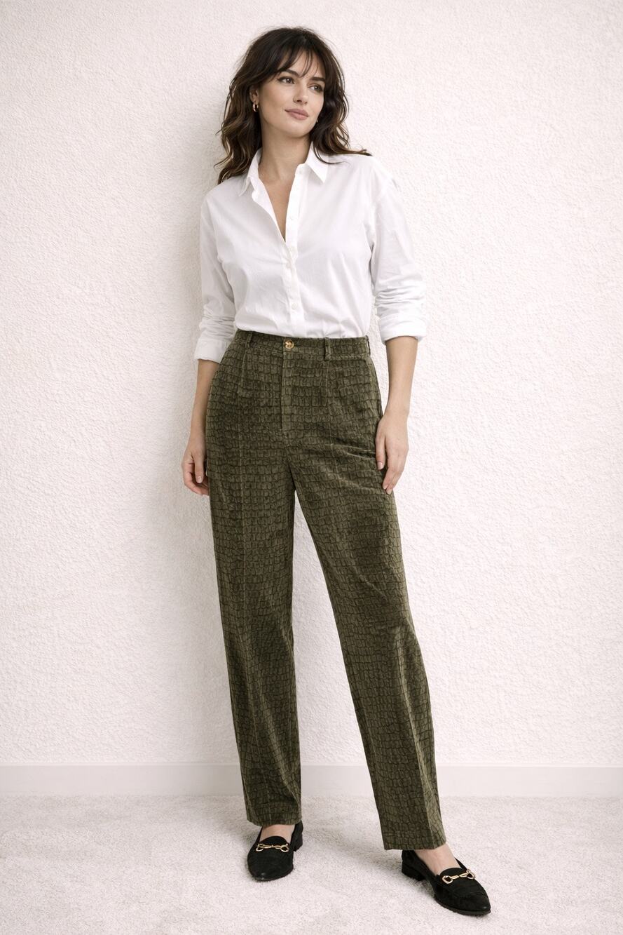 Bernard Zins Paris France Pants Green Printed 6 Velvet High Rise Soft Vintage